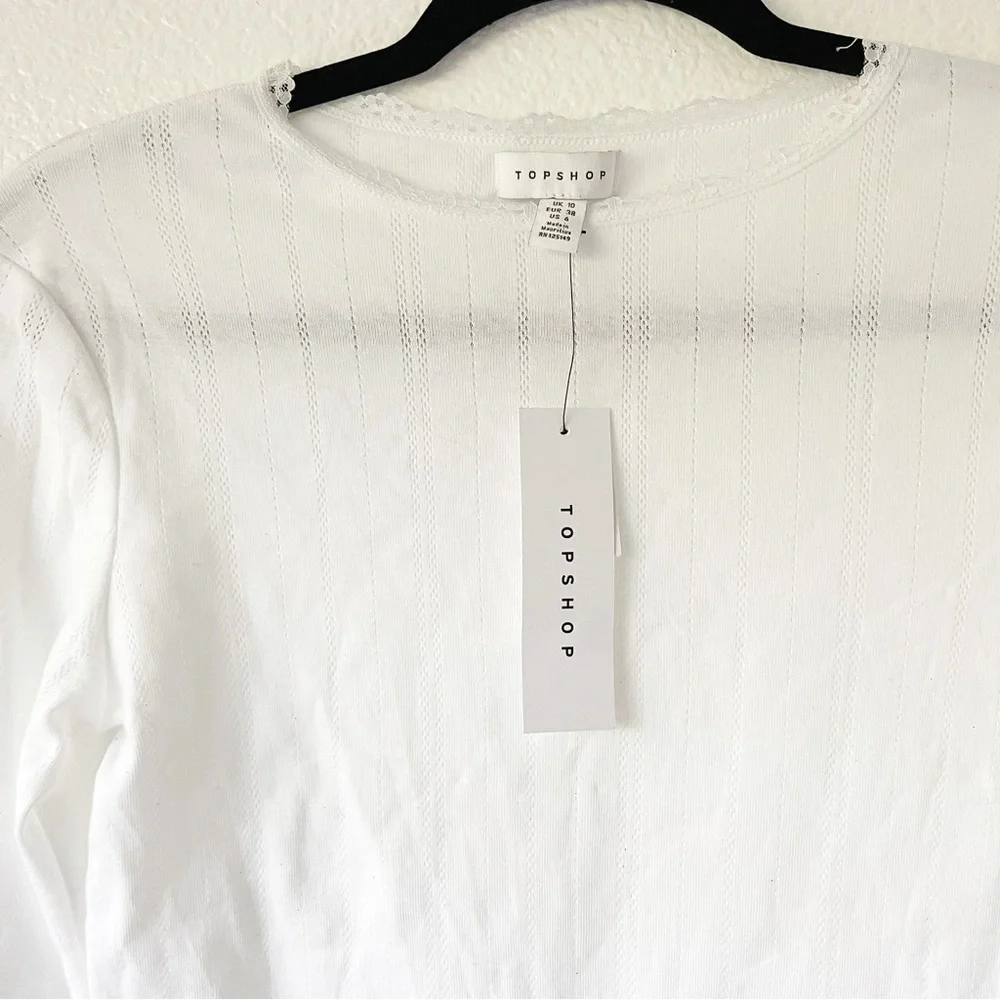 Topshop white long sleeve pointelle crop top lace eyelet design - Picture 4 of 4